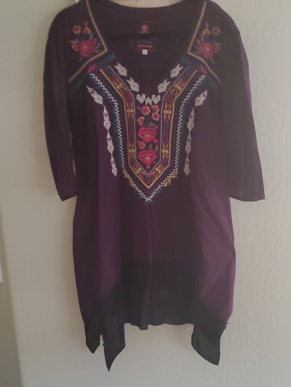 Johnny Was Embroidered V-Neck Purple Women's Tunic Top